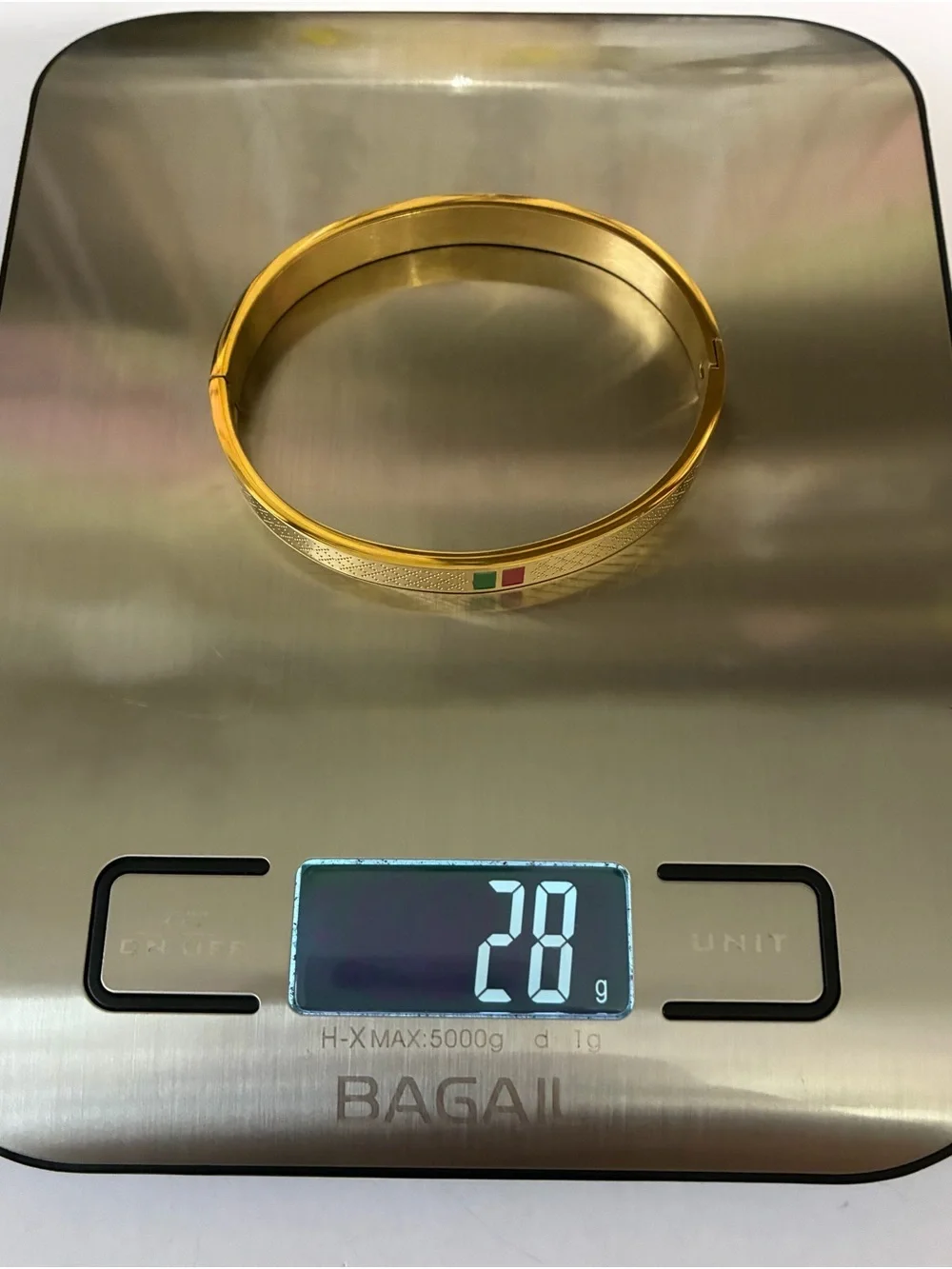 18K Gold Luxury Bangle with Green and Red Accents